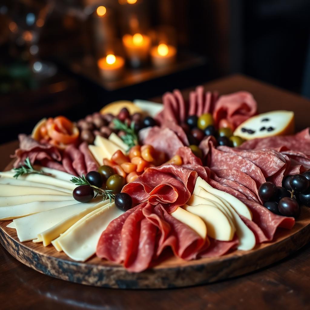 Bandeja de catering con carnes curadas y quesos europeos